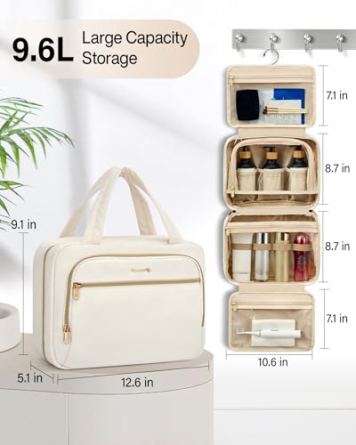 Hanke Hanging Travel Toiletry Bag for Women, Water-Resistant Makeup Organizer with Hook, Cosmetic Bag for Bathroom & Travel Essentials Accessories, Off White - Image 5