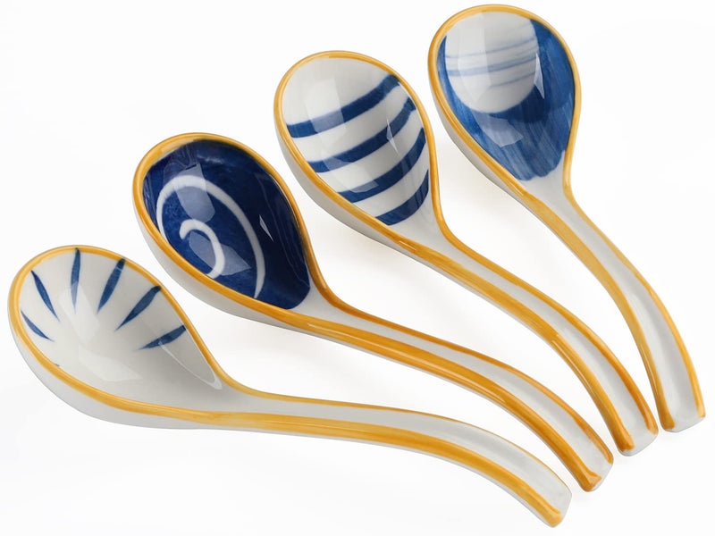 Evannt Ceramic Soup Spoons Set of 4 Porcelain Japanese Soup Spoon Long Handle Asian Soup Spoon Sets for Pho Ramen Noodles Wonton Dumpling Rice (Model 6#) - Image 4