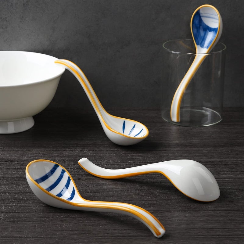 Evannt Ceramic Soup Spoons Set of 4 Porcelain Japanese Soup Spoon Long Handle Asian Soup Spoon Sets for Pho Ramen Noodles Wonton Dumpling Rice (Model 6#) - Image 5