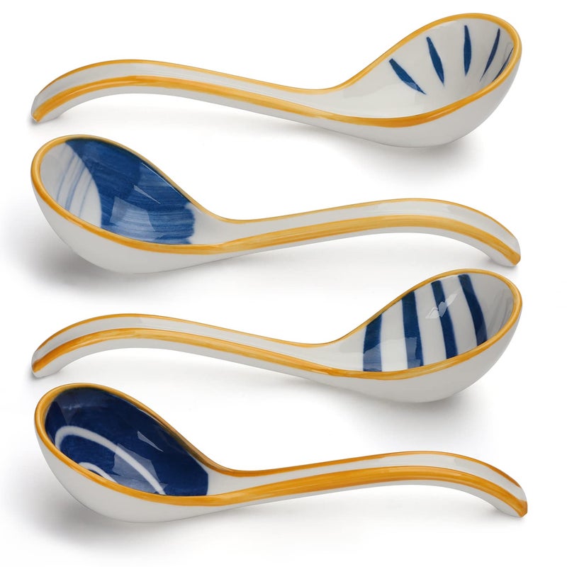 Evannt Ceramic Soup Spoons Set of 4 Porcelain Japanese Soup Spoon Long Handle Asian Soup Spoon Sets for Pho Ramen Noodles Wonton Dumpling Rice (Model 6#) - Image 1