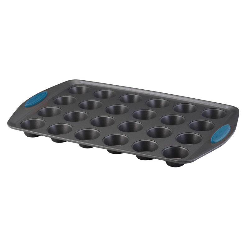Rachael Ray Yumo Nonstick Mini Muffin  Cupcake Tin  24 Cup Gray with Marine Blue Grips