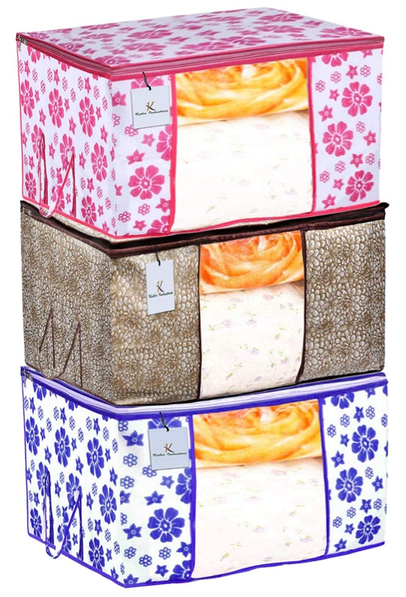 Kuber Industries Metalic Flower Printed 3 Piece Non Woven Fabric Underbed Storage BagCloth OrganiserBlanket Cover with Transparent Window Golden Brown Pink Blue CTKTC41084 Standard - Image 1