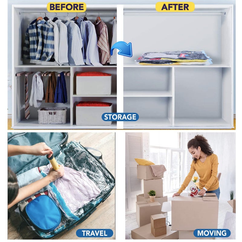 Smart Saver أكياس تخزين فراغ قابلة لإعادة الاستخدام بسحاب لمساحة السفر أكياس بلاستيكية للملابس تخزين شفاف للبطانيات قماش بسحاب، منظم تحت السرير بيغول سيفر ضغط - عبوة من 12 - أزرق - Image 3