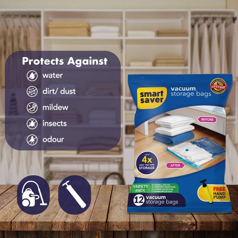 Smart Saver أكياس تخزين فراغ قابلة لإعادة الاستخدام بسحاب لمساحة السفر أكياس بلاستيكية للملابس تخزين شفاف للبطانيات قماش بسحاب، منظم تحت السرير بيغول سيفر ضغط - عبوة من 12 - أزرق - Image 5