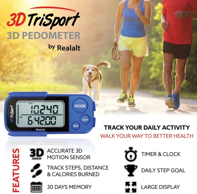 Realalt 3DTriSport Walking 3D Pedometer with Clip & Strap, eBook Included 30 Days Memory Accurate Step Counter, Walking Distance Miles/Km, Calorie Counter, Daily Exercise Time Monitor - Image 2