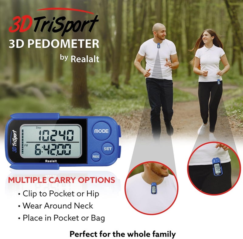 Realalt 3DTriSport Walking 3D Pedometer with Clip & Strap, eBook Included 30 Days Memory Accurate Step Counter, Walking Distance Miles/Km, Calorie Counter, Daily Exercise Time Monitor - Image 5