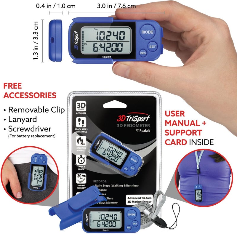 Realalt 3DTriSport Walking 3D Pedometer with Clip & Strap, eBook Included 30 Days Memory Accurate Step Counter, Walking Distance Miles/Km, Calorie Counter, Daily Exercise Time Monitor - Image 4