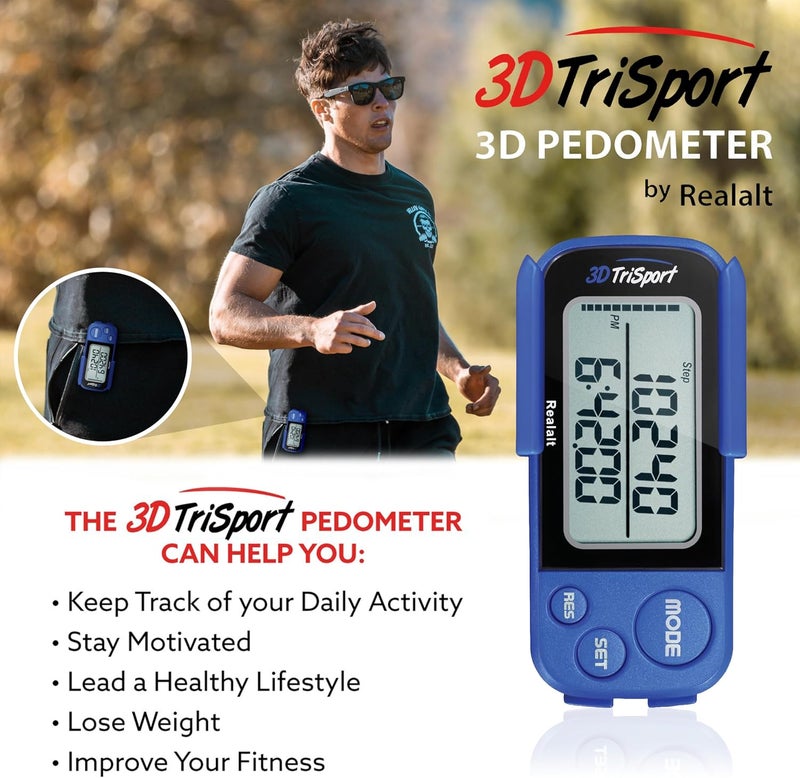 Realalt 3DTriSport Walking 3D Pedometer with Clip & Strap, eBook Included 30 Days Memory Accurate Step Counter, Walking Distance Miles/Km, Calorie Counter, Daily Exercise Time Monitor - Image 3