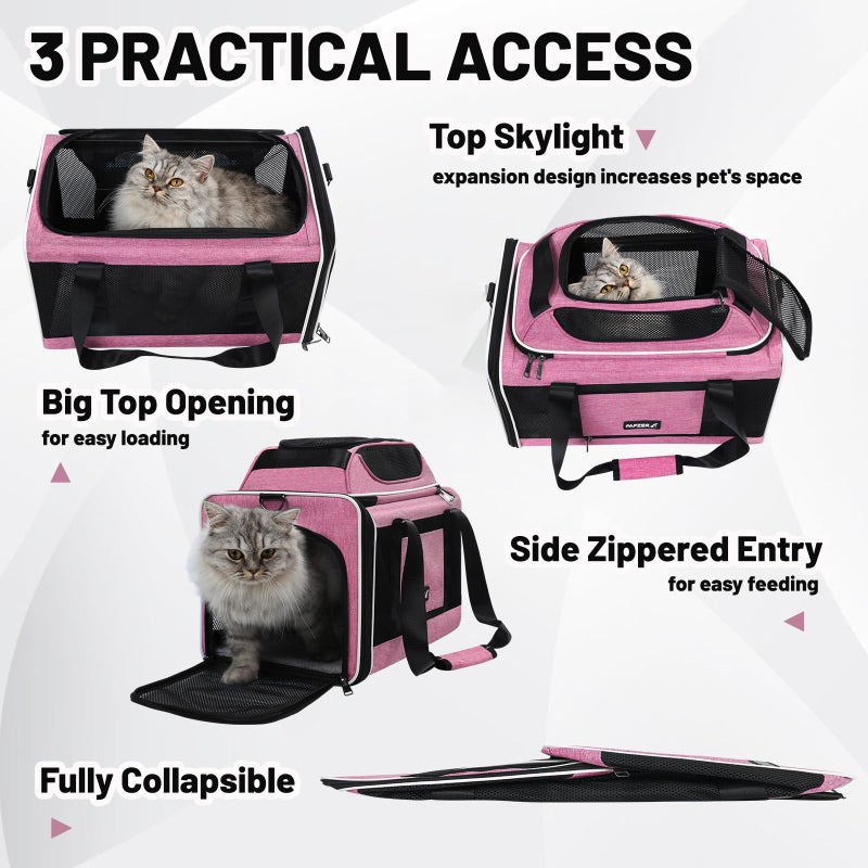 PAPZER Top-Expandable Cat Carrier 18x11x11, United Delta American Airline Approved Dog Travel Carrier, Soft-Sided Pet Carry Bag Under-Seat in Cabin, Puppy Airplane Crate TSA Plane Kitten Cage Pink - Image 4