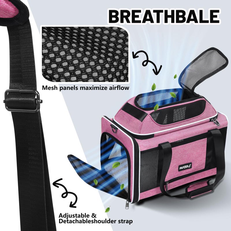 PAPZER Top-Expandable Cat Carrier 18x11x11, United Delta American Airline Approved Dog Travel Carrier, Soft-Sided Pet Carry Bag Under-Seat in Cabin, Puppy Airplane Crate TSA Plane Kitten Cage Pink - Image 5