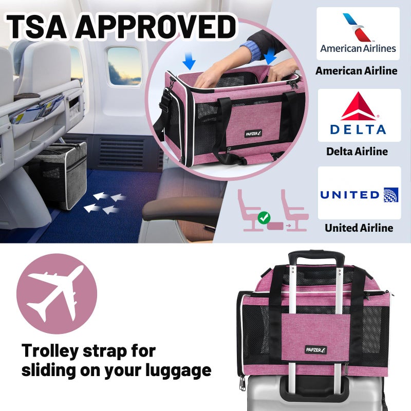 PAPZER Top-Expandable Cat Carrier 18x11x11, United Delta American Airline Approved Dog Travel Carrier, Soft-Sided Pet Carry Bag Under-Seat in Cabin, Puppy Airplane Crate TSA Plane Kitten Cage Pink - Image 3