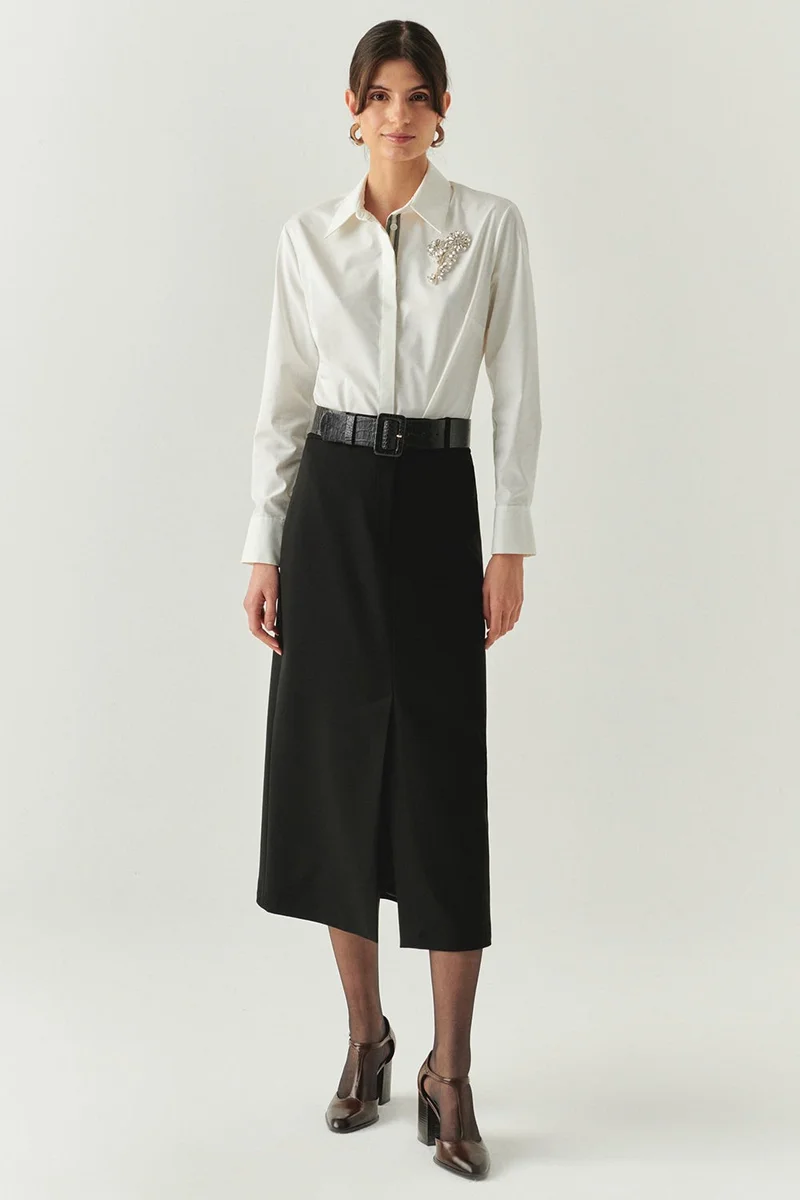 EXQUISE Black Regular Midi Skirt with Front Slit, Belt, and Lining