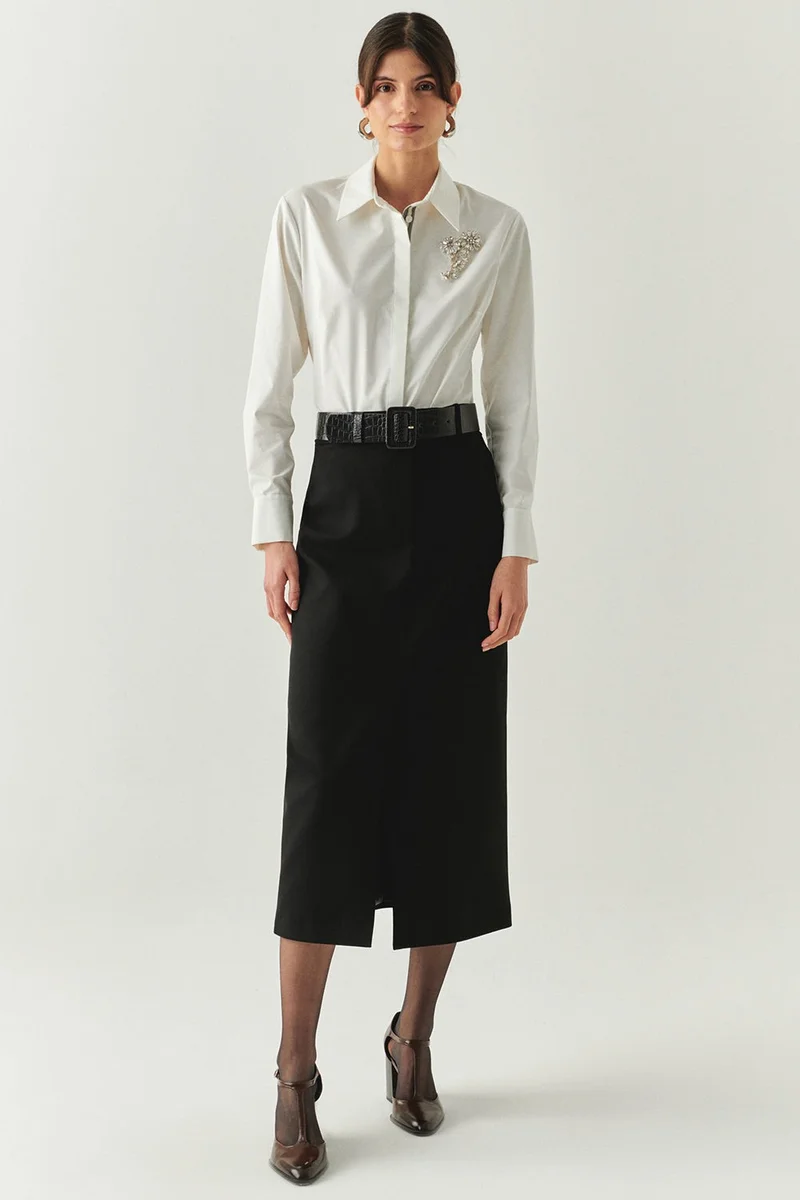 EXQUISE Black Regular Midi Skirt with Front Slit, Belt, and Lining