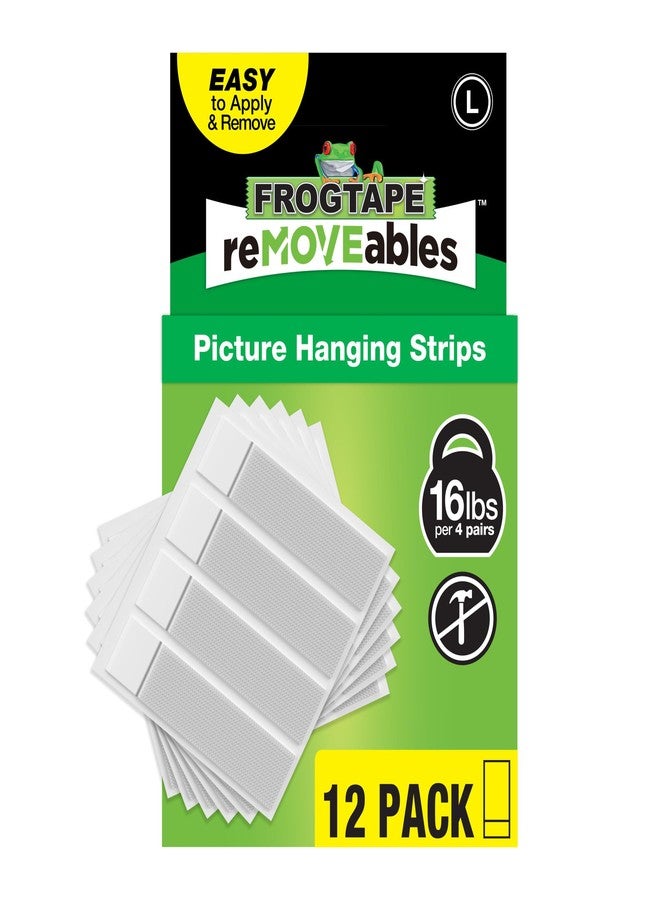 FrogTape reMOVEables Large Picture Hanging Strips, Damage-Free Removable Adhesive Wall Strips, Picture Hangers, Stick On Wall Mounting for Frames, Canvas, Home Décor, White, 12 Pairs (24 Pieces) - Image 1