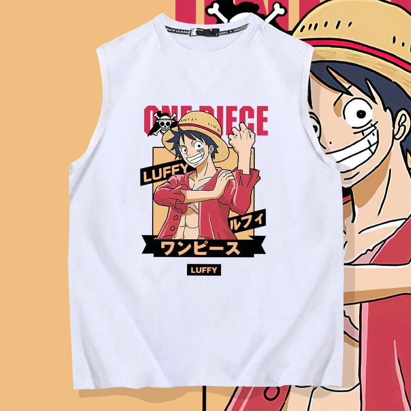 Y Japanese Anime One Piece Luffy Wide Shoulder Crewneck Vest Summer Men'S And Women'S Fashionable Pure Cotton Sleeve Sleeveless Base Shirt - Image 3