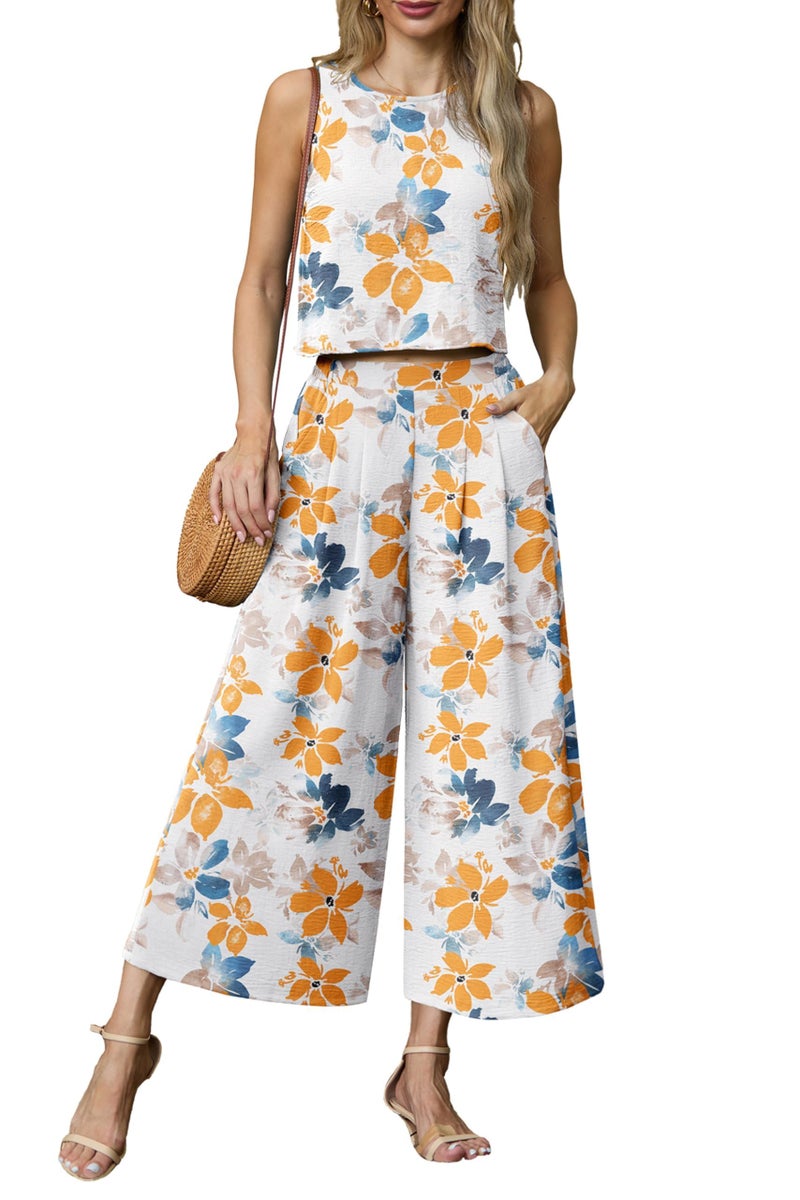 Lepunuo Women's Summer 2 Piece Outfits Crop Sleeveless Top and Cozy Wide Leg Pants Matching Set Lounge Summer Trendy Clothes - Image 1