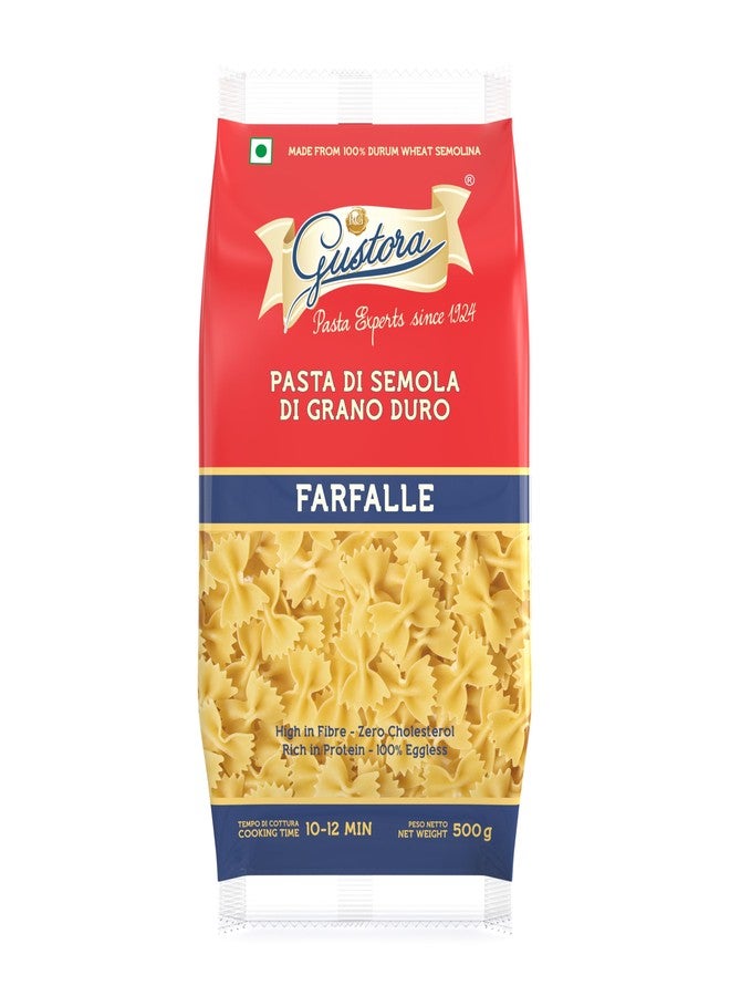 GUSTORA Farfalle Pasta, 500 Grams I Made of Durum Wheat Semolina I Rich in Protein & Fibre I Zero cholesterol I Vegetarian I No Trans-Fat I Cooking Time 10 Min (500g) - Image 1