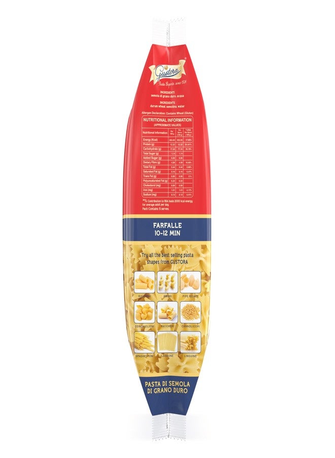 GUSTORA Farfalle Pasta, 500 Grams I Made of Durum Wheat Semolina I Rich in Protein & Fibre I Zero cholesterol I Vegetarian I No Trans-Fat I Cooking Time 10 Min (500g) - Image 3