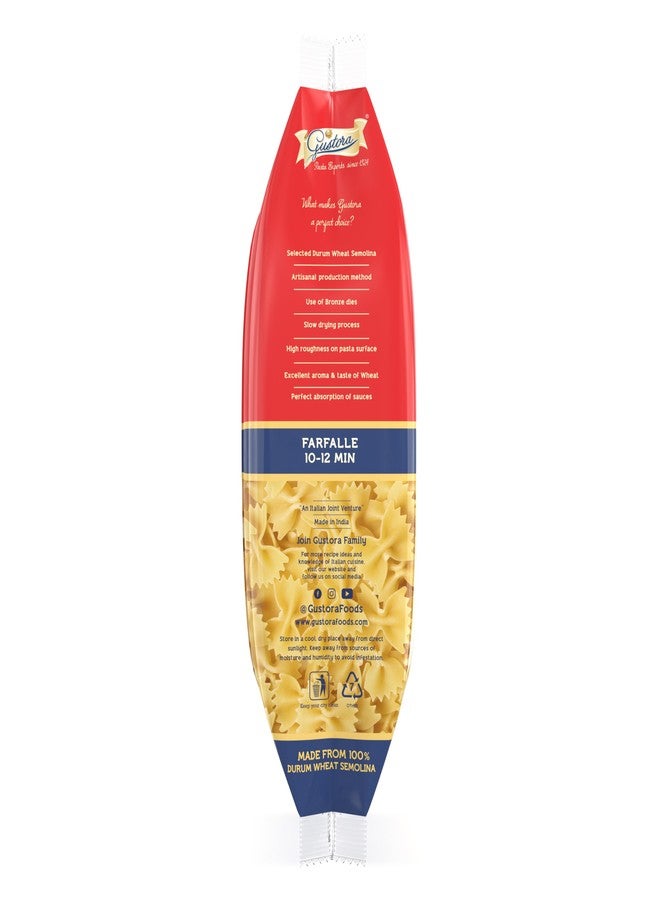 GUSTORA Farfalle Pasta, 500 Grams I Made of Durum Wheat Semolina I Rich in Protein & Fibre I Zero cholesterol I Vegetarian I No Trans-Fat I Cooking Time 10 Min (500g) - Image 4