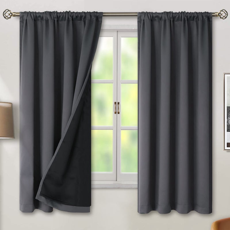 BGment 100% Grey Blackout Curtains 63 Inches Long for Bedroom  Double Layer Room Darkening Thermal Insulated Curtains with Liner Rod Pocket and Back Tab Panels(42 x 63 Inch  2 Panels  Dark Grey) - Image 2