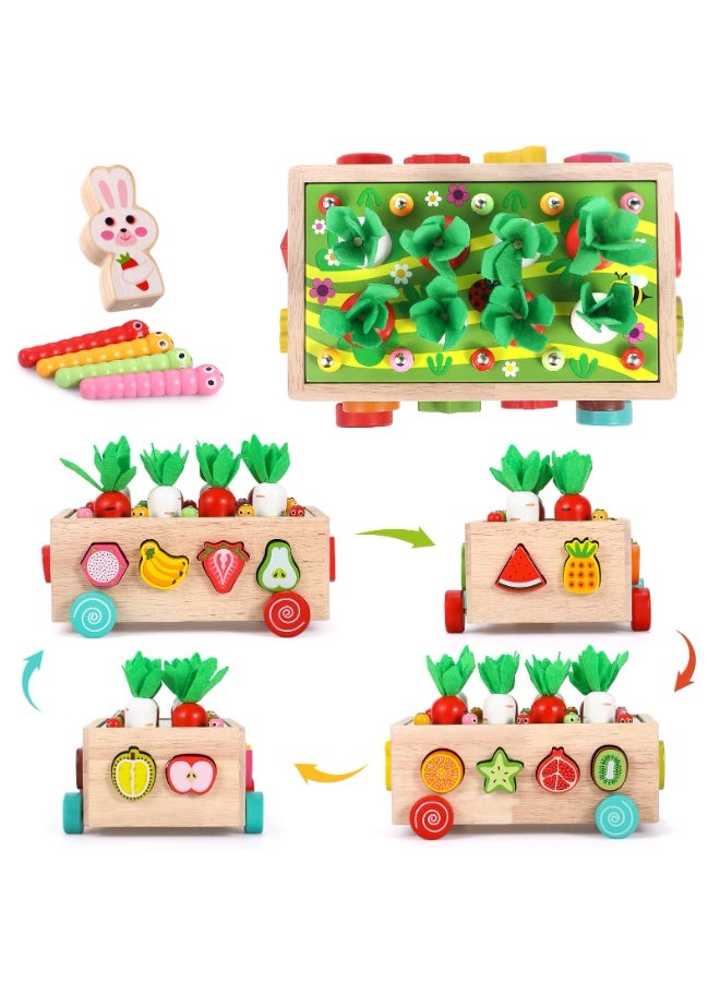 Montessori Wooden 7-in-1 Preschool Farm Game – Shape Sorting, Fruit & Vegetable Harvest, Pull Cart, Worm Fishing, Color & Number Matching Toy – Fine Motor Skill Educational Toy for Toddlers Boys Girls  - Image 4