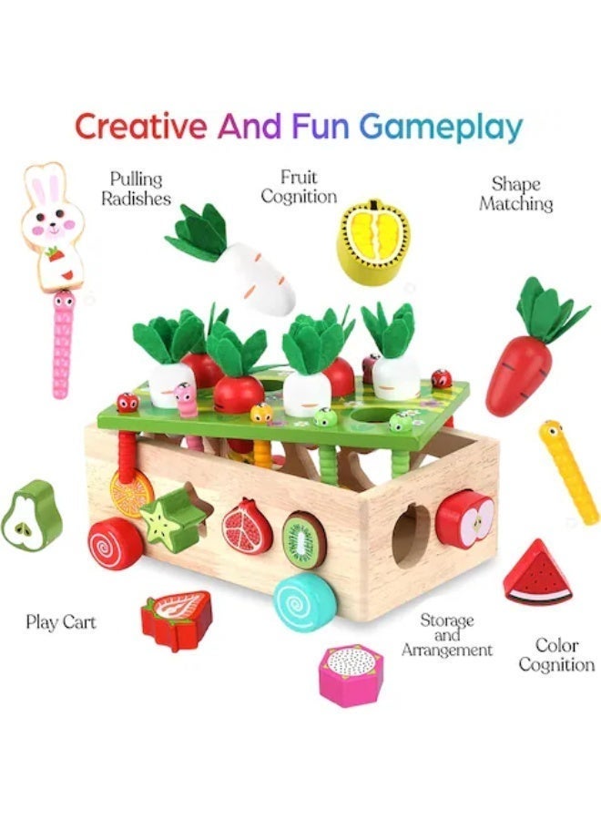 unikbebe Montessori Wooden Carrot Harvest Toy 7-in-1 – Shape Sorter, Fruit Matching, Magnetic Worm Fishing, Pull-Along Cart – Sensory Fine Motor Skills Educational Toy for Toddlers Boys Girls Age 2 3 4 5 Years – Birthday Gift - Image 2