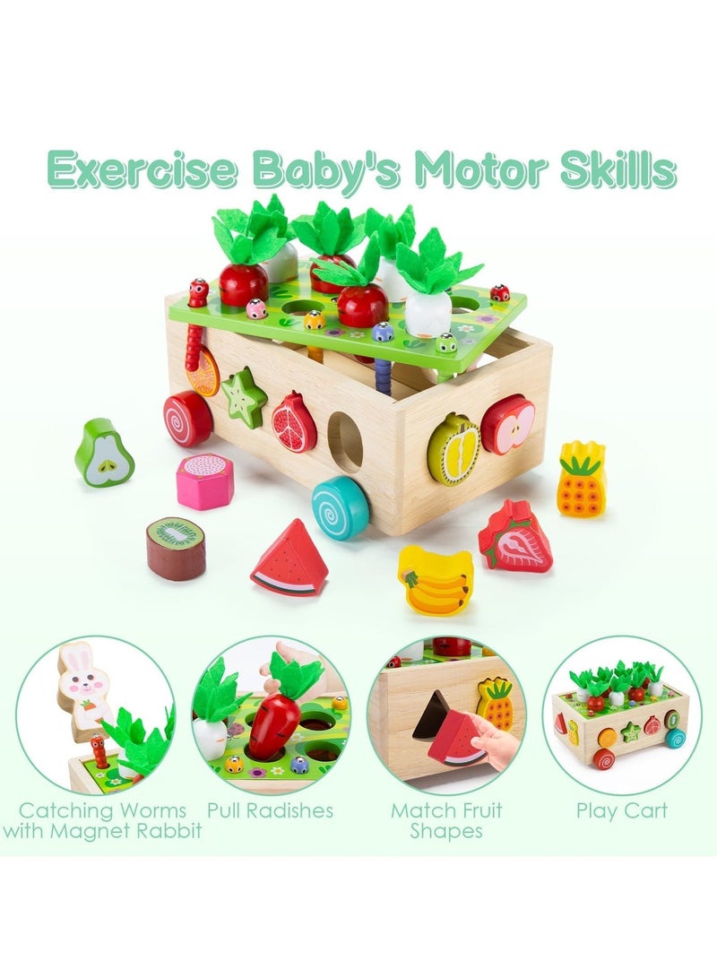 unikbebe Montessori Wooden Carrot Harvest Toy 7-in-1 – Shape Sorter, Fruit Matching, Magnetic Worm Fishing, Pull-Along Cart – Sensory Fine Motor Skills Educational Toy for Toddlers Boys Girls Age 2 3 4 5 Years – Birthday Gift - Image 3