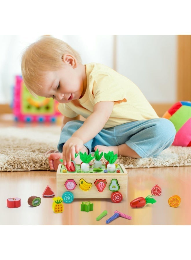 unikbebe Montessori Wooden Carrot Harvest Toy 7-in-1 – Shape Sorter, Fruit Matching, Magnetic Worm Fishing, Pull-Along Cart – Sensory Fine Motor Skills Educational Toy for Toddlers Boys Girls Age 2 3 4 5 Years – Birthday Gift - Image 4