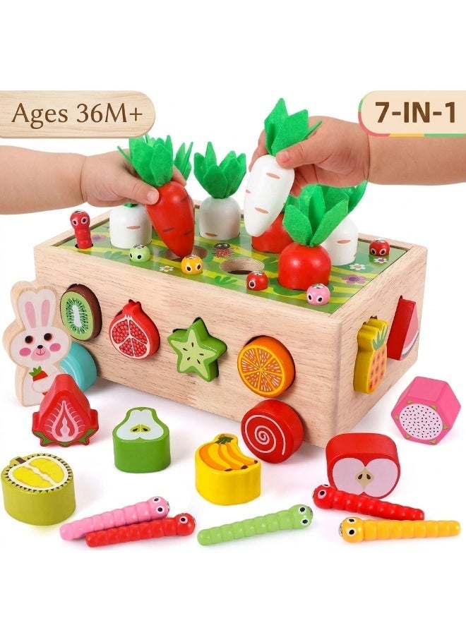 Montessori Wooden Carrot Harvest Toy 7-in-1 – Shape Sorter, Fruit Matching, Magnetic Worm Fishing, Pull-Along Cart – Sensory Fine Motor Skills Educational Toy for Toddlers Boys Girls Age 2 3 4 5 Years – Birthday Gift