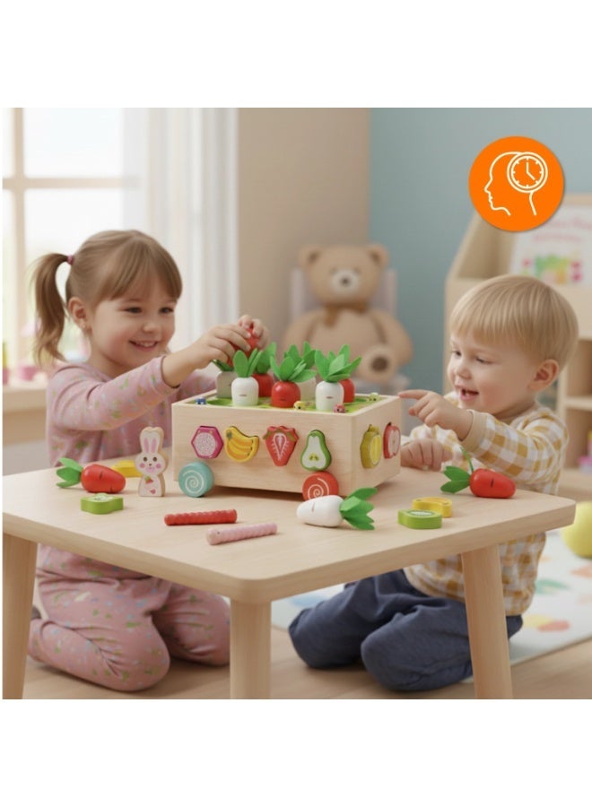 unikbebe Montessori Wooden Carrot Harvest Toy 7-in-1 – Shape Sorter, Fruit Matching, Magnetic Worm Fishing, Pull-Along Cart – Sensory Fine Motor Skills Educational Toy for Toddlers Boys Girls Age 2 3 4 5 Years – Birthday Gift - Image 5