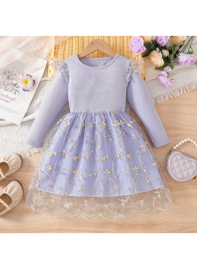 Girls Spring & Fall Princess Dress Ruffled Kidsren's Long-sleeved Splicing Flower Mesh Dress