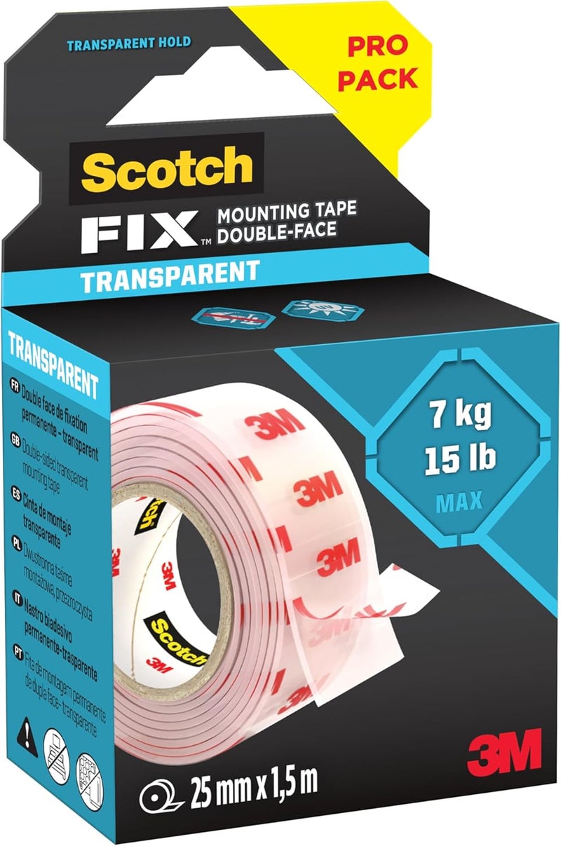 Scotch  Scotch-Fix Clear Double-Sided Mounting Tape, 25mm x 1.5m, 7 kg Hold - Image 3