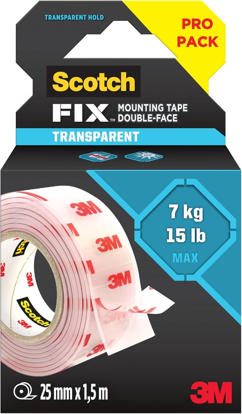 Scotch  Scotch-Fix Clear Double-Sided Mounting Tape, 25mm x 1.5m, 7 kg Hold - Image 1