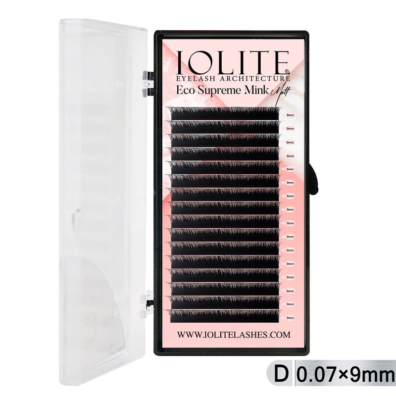 Iolite Eco Supreme Mink Matt Lash Extension Tray D – Curl – 0.07T (6mm–15mm) – Matt Finish, Premium Eco-Friendly Eyelashes for Lash Artists ISMMD7T - 9MM