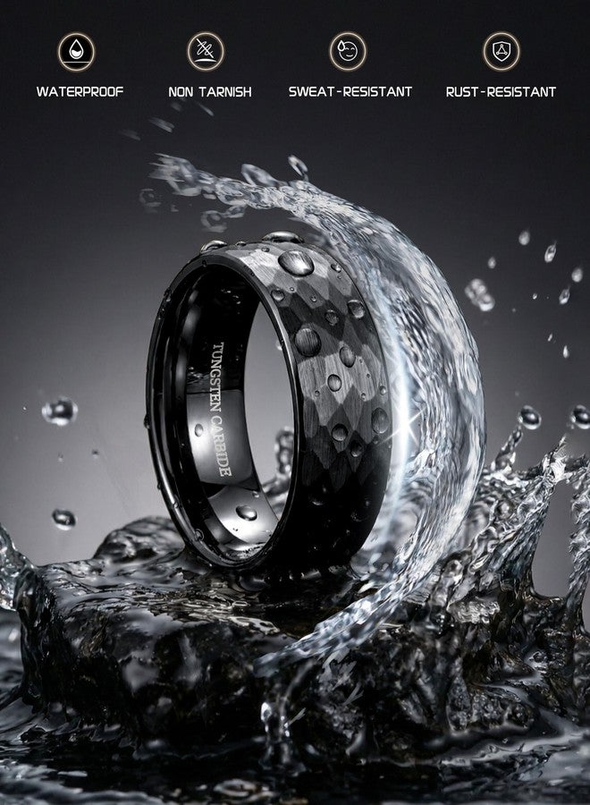 Drperfect Tungsten Wedding Rings for Men Women 8MM Mens Wedding Band Ring Black/Gold/Silver Hammered Groove Matte Brushed Finish Mens Promise Engagement Rings Comfort Fit Size 6-14, Size 10, Tungsten - Image 3