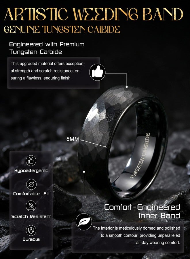 Drperfect Tungsten Wedding Rings for Men Women 8MM Mens Wedding Band Ring Black/Gold/Silver Hammered Groove Matte Brushed Finish Mens Promise Engagement Rings Comfort Fit Size 6-14, Size 10, Tungsten - Image 2