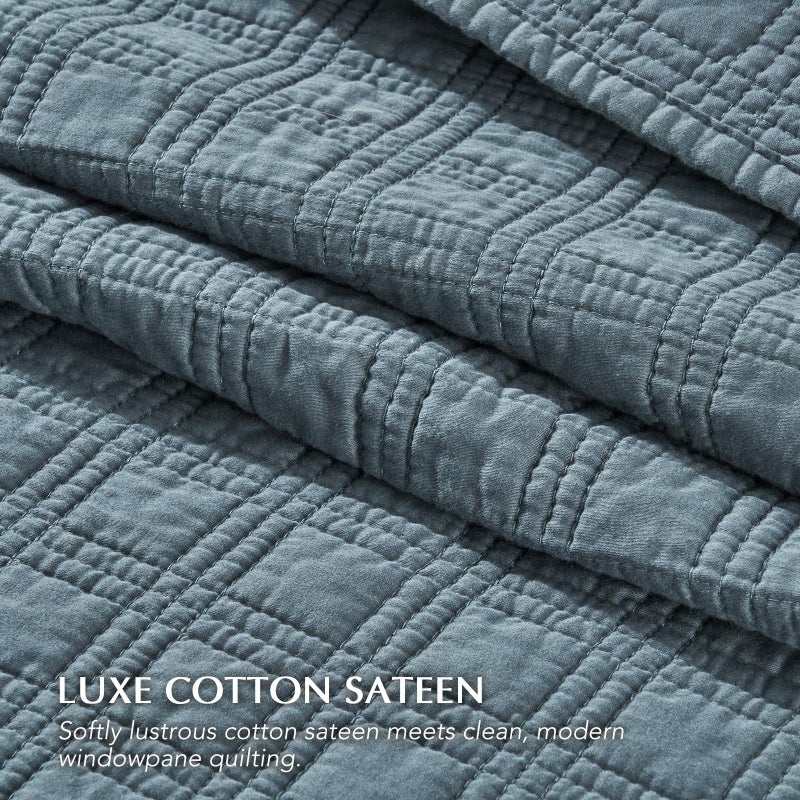 EVERGRACEHOME Windowpane Cotton Sateen Quilt Set King Size, Pre-Washed 100% Cotton Coverlet Bedspread, 3-Piece Soft Lightweight Bedding Set with 2 Shams for All Seasons, Sonoma Blue - Image 3