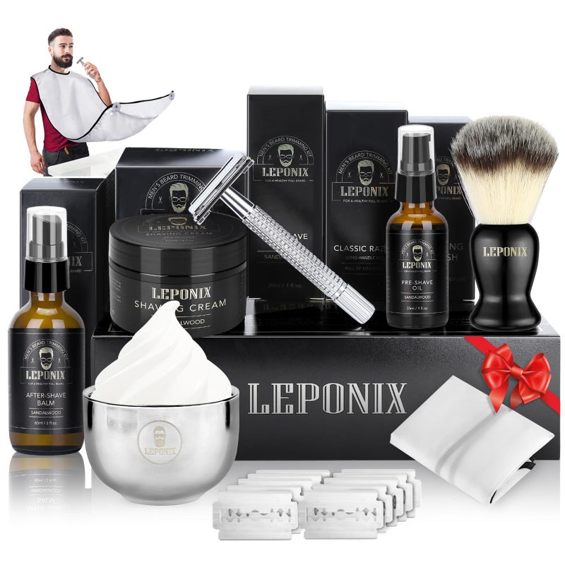 LEPONIX Shaving Kit for Men - Secret Santa Gift Set, Includes Safety Razor, Sandalwood Shaving Cream, Aftershave, Pre-shave Oil, Brush, Bowl & Apron Bib - Christmas Gifts for Him Husband Dad Stocking Stuffers - Image 1