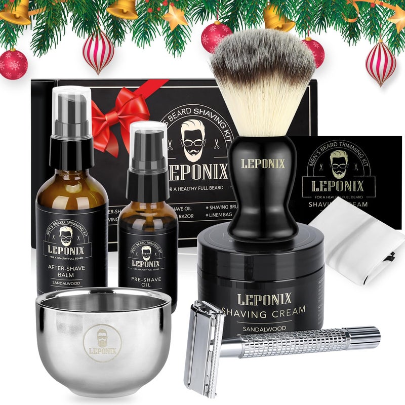 LEPONIX Shaving Kit for Men - Secret Santa Gift Set, Includes Safety Razor, Sandalwood Shaving Cream, Aftershave, Pre-shave Oil, Brush, Bowl & Apron Bib - Christmas Gifts for Him Husband Dad Stocking Stuffers - Image 2