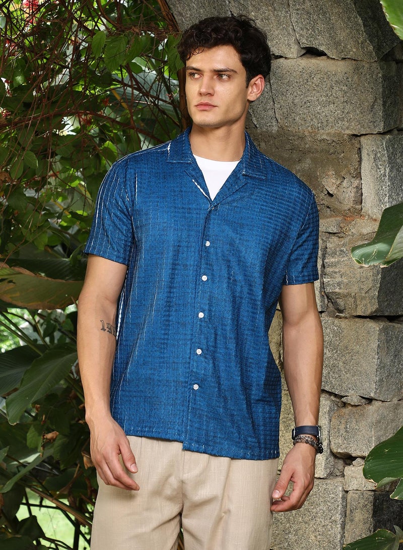 Campus Sutra Campus Sutra Men's Electric Blue Dye-Textured Cuban Oversized Shirt For Casual Wear | Cuban Collar | Short Regular Sleeves | Button Closure | Shirt Crafted With Comfort Fit For Everyday Wear  - Image 2