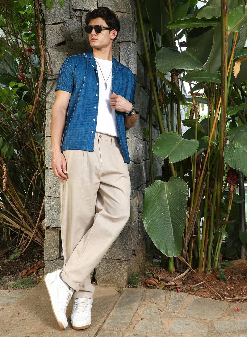 Campus Sutra Campus Sutra Men's Electric Blue Dye-Textured Cuban Oversized Shirt For Casual Wear | Cuban Collar | Short Regular Sleeves | Button Closure | Shirt Crafted With Comfort Fit For Everyday Wear