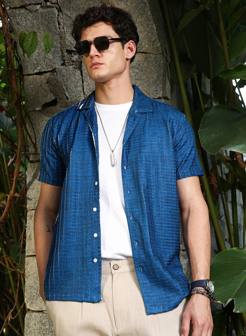 Campus Sutra Campus Sutra Men's Electric Blue Dye-Textured Cuban Oversized Shirt For Casual Wear | Cuban Collar | Short Regular Sleeves | Button Closure | Shirt Crafted With Comfort Fit For Everyday Wear  - Image 1