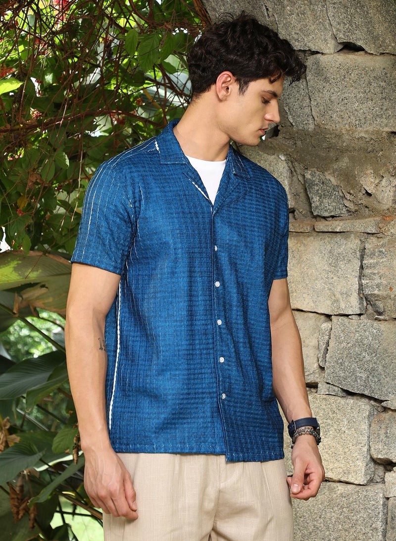 Campus Sutra Campus Sutra Men's Electric Blue Dye-Textured Cuban Oversized Shirt For Casual Wear | Cuban Collar | Short Regular Sleeves | Button Closure | Shirt Crafted With Comfort Fit For Everyday Wear  - Image 3