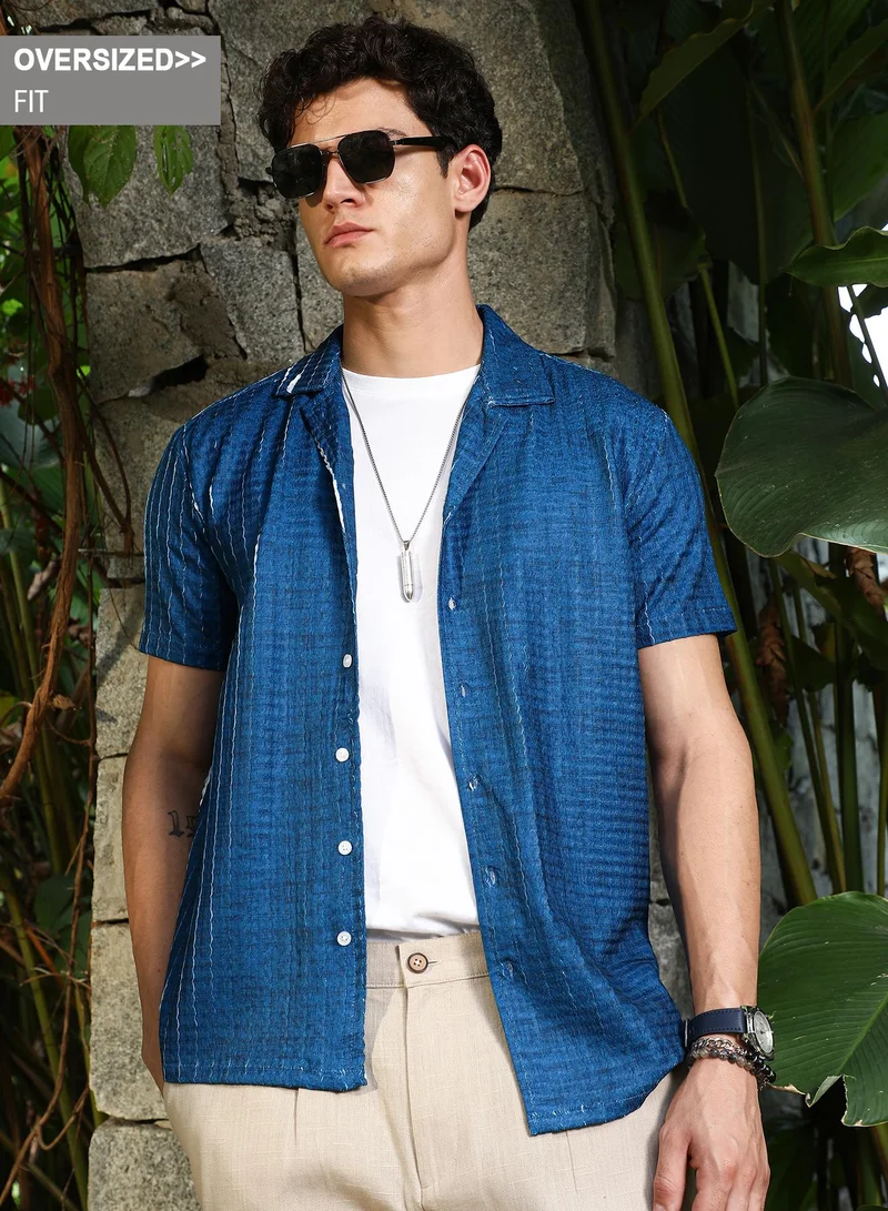 Campus Sutra Campus Sutra Men's Electric Blue Dye-Textured Cuban Oversized Shirt For Casual Wear | Cuban Collar | Short Regular Sleeves | Button Closure | Shirt Crafted With Comfort Fit For Everyday Wear