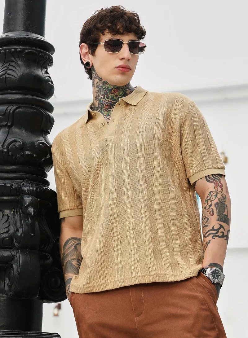 Campus Sutra Campus Sutra Men's Khaki Beige Candy Stripe-Knitted Polo T-Shirt | Jacquard Polo Neck , Short Ribbed Cuff Sleeves , Button Closure , Straight Hem | Cotton-Blend T-shirt For Casual Wear