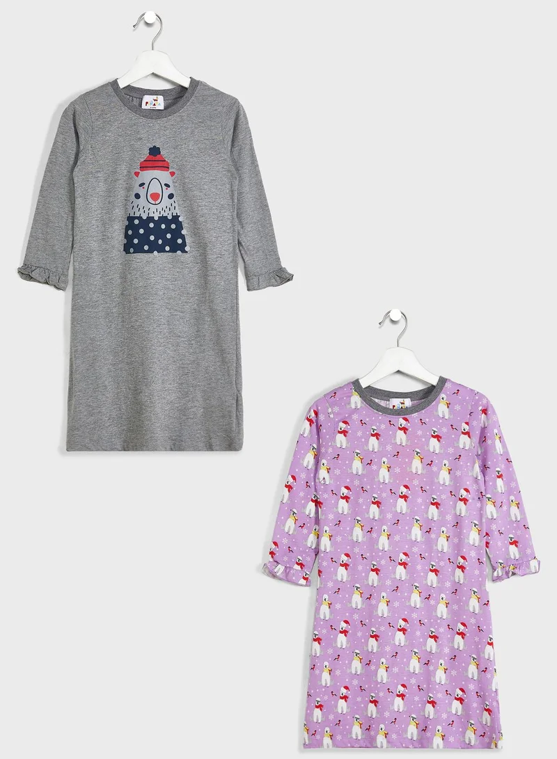 Pinata Girls Printed Nighties Pack Of 2