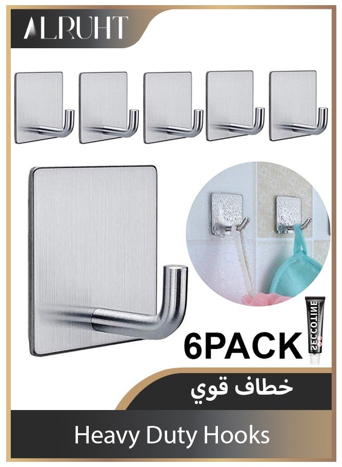 Alruht 6-Pack Heavy Duty Adhesive Hooks, Stainless Steel Waterproof No Drill Wall Hooks for Bathroom and Kitchen, Silver - Image 1