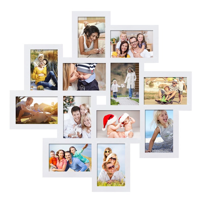 Adeco Adeco Decorative Wood Wall Hanging Collage Picture Photo Frame 12 Openings 4x6 White Halloween Christmas New Year Gift Home Decor 
