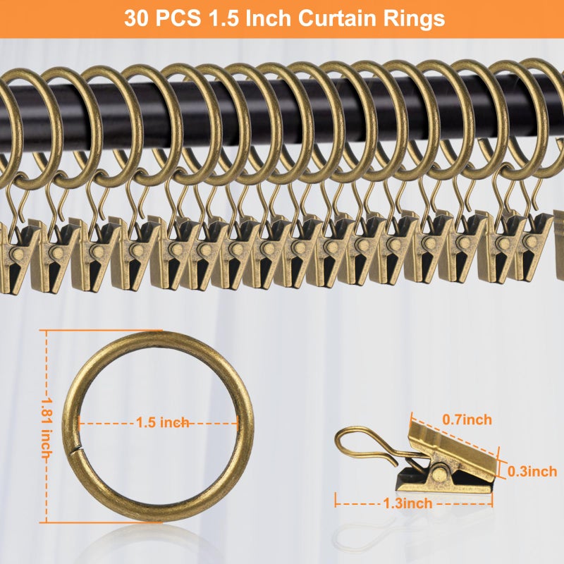 Hanitronic 30 PCS Antique Brass Clips Curtain Hooks for Curtain Rod, This Drapery Curtain Ring with Clips Hook Fit Up to 1.0~1.25 -inch Drapery Panel (1 1/2-Inch Inner Diameter) - Image 2