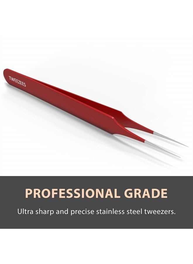 Tweezees Ingrown Hair Tweezers | Pointed Tip | Red | Precision Stainless Steel | Extra Sharp and Perfectly Aligned for Ingrown Hair Treatment & Splinter Removal For Men and Women | By Tweezees - Image 3
